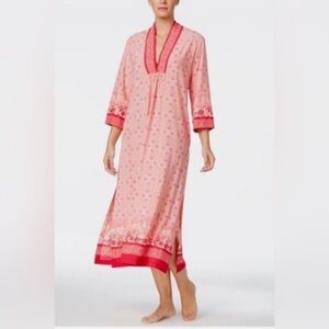 Oscar de la Renta Caftan Lounge Dress/Gown S/M Pink Red Print Floral Border